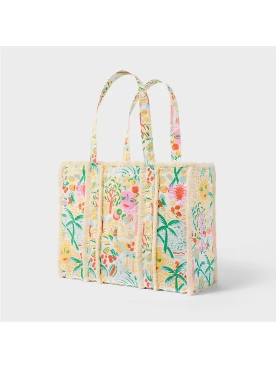 Roller Rabbit Tropical Print Canvas Tote - White, Green, Pink, Yellow - Picture 2 of 4